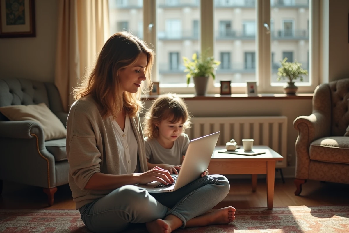 Femme avec enfant cherchant des annonces dans un salon lumineux