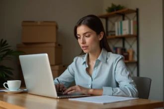 Femme rédigeant une lettre de motivation pour un appartement sur son ordinateur portable, entourée de cartons de déménagement