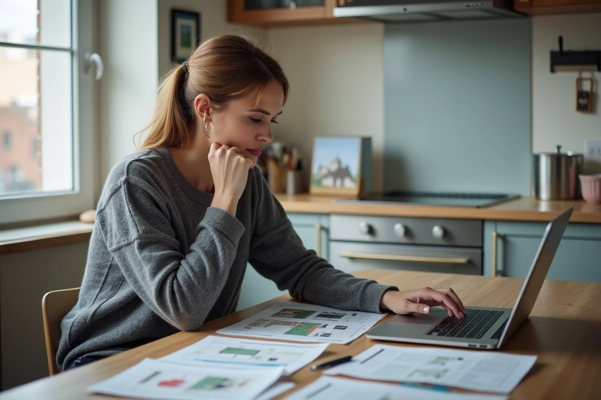 Une femme seule réfléchit à l'opportunité d'accepter une maison gratuite éloignée, entourée de cartes et d'annonces immobilières