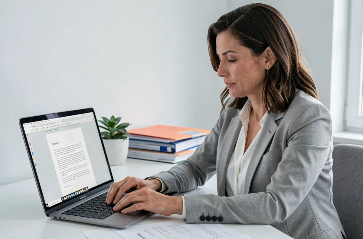 Femme en blazer gris complétant un modèle de pré-état daté vierge sur ordinateur dans un bureau à domicile