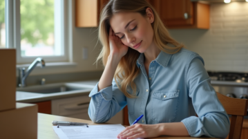 Femme remplissant un formulaire de résiliation d'eau à la maison