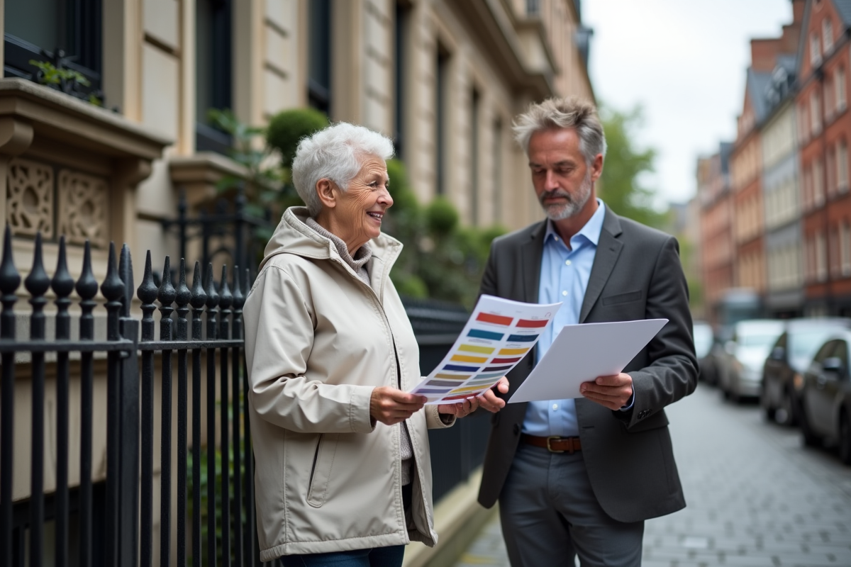 Femme senior discutant de plans de rénovation devant une maison ancienne