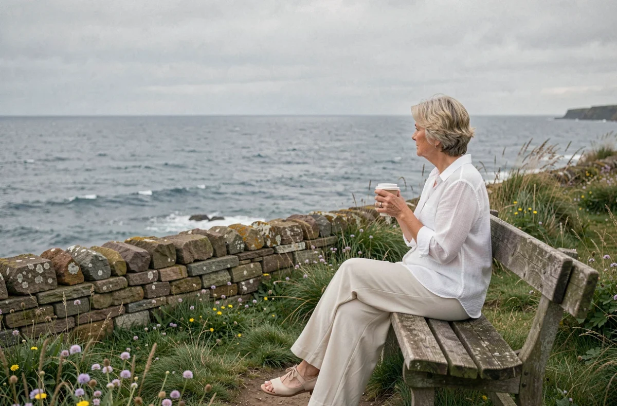 Femme retraitée assise sur un banc en bord de mer sur un terrain à vendre, contemplant l'océan avec sérénité