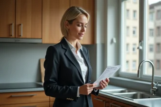 Femme d'âge moyen examine une facture d'eau dans sa cuisine moderne