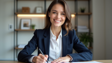 Femme souriante signant un contrat de location dans une agence