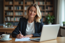Femme d'âge moyen signant un document dans un intérieur moderne