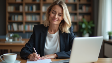 Femme d'âge moyen signant un document dans un intérieur moderne