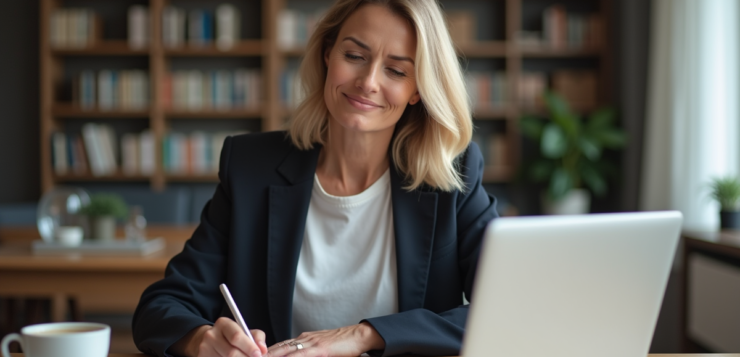 Femme d'âge moyen signant un document dans un intérieur moderne