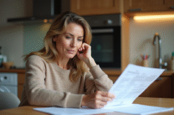 Femme d'âge moyen examinant documents d'assurance habitation