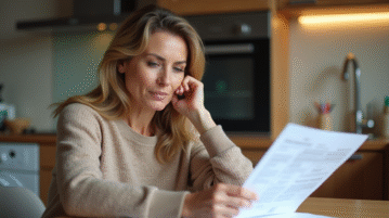 Femme d'âge moyen examinant documents d'assurance habitation