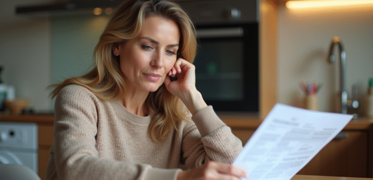 Femme d'âge moyen examinant documents d'assurance habitation