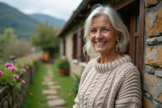 Femme souriante en pull dans un jardin en Pyrénées