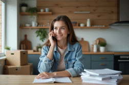 Jeune femme au téléphone dans sa nouvelle cuisine