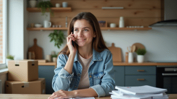 Jeune femme au téléphone dans sa nouvelle cuisine