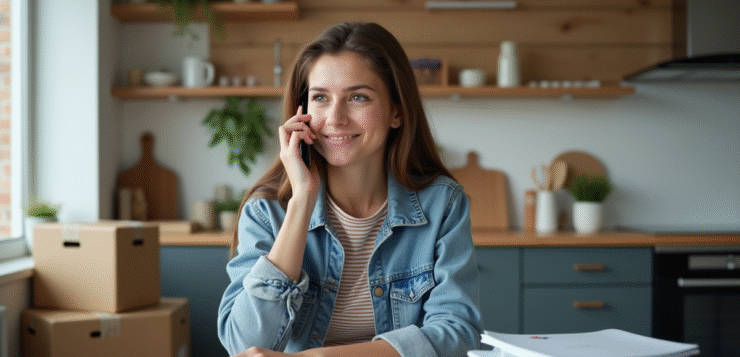 Jeune femme au téléphone dans sa nouvelle cuisine
