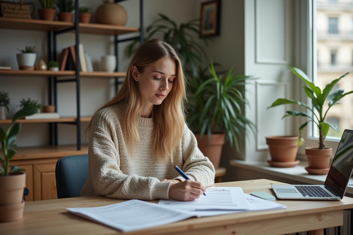 Jeune femme travaillant à son bureau à domicile