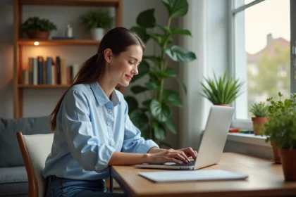 Jeune femme travaillant sur son ordinateur à la maison