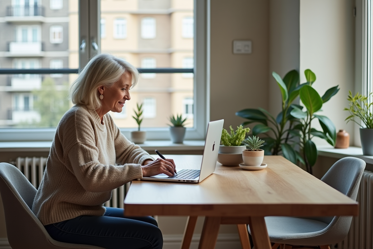 Femme assise à une table moderne travaillant sur ses impôts