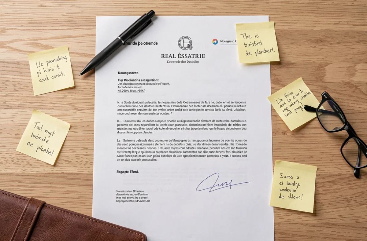 Flat lay d'un pré-état daté vierge imprimé sur bureau en chêne avec stylo et notes adhésives pour une vente immobilière