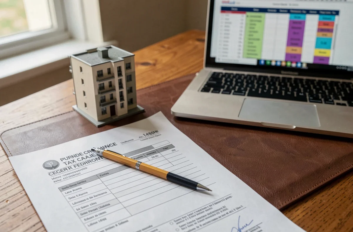 Bureau avec formulaire fiscal français et simulation de réduction d'impôt liée à la loi Pinel pour investissement locatif