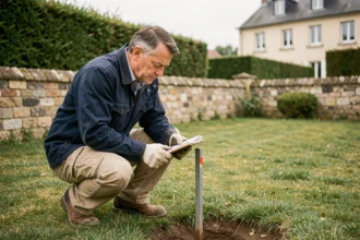 Géomètre examinant une borne de délimitation de terrain dans un jardin résidentiel français