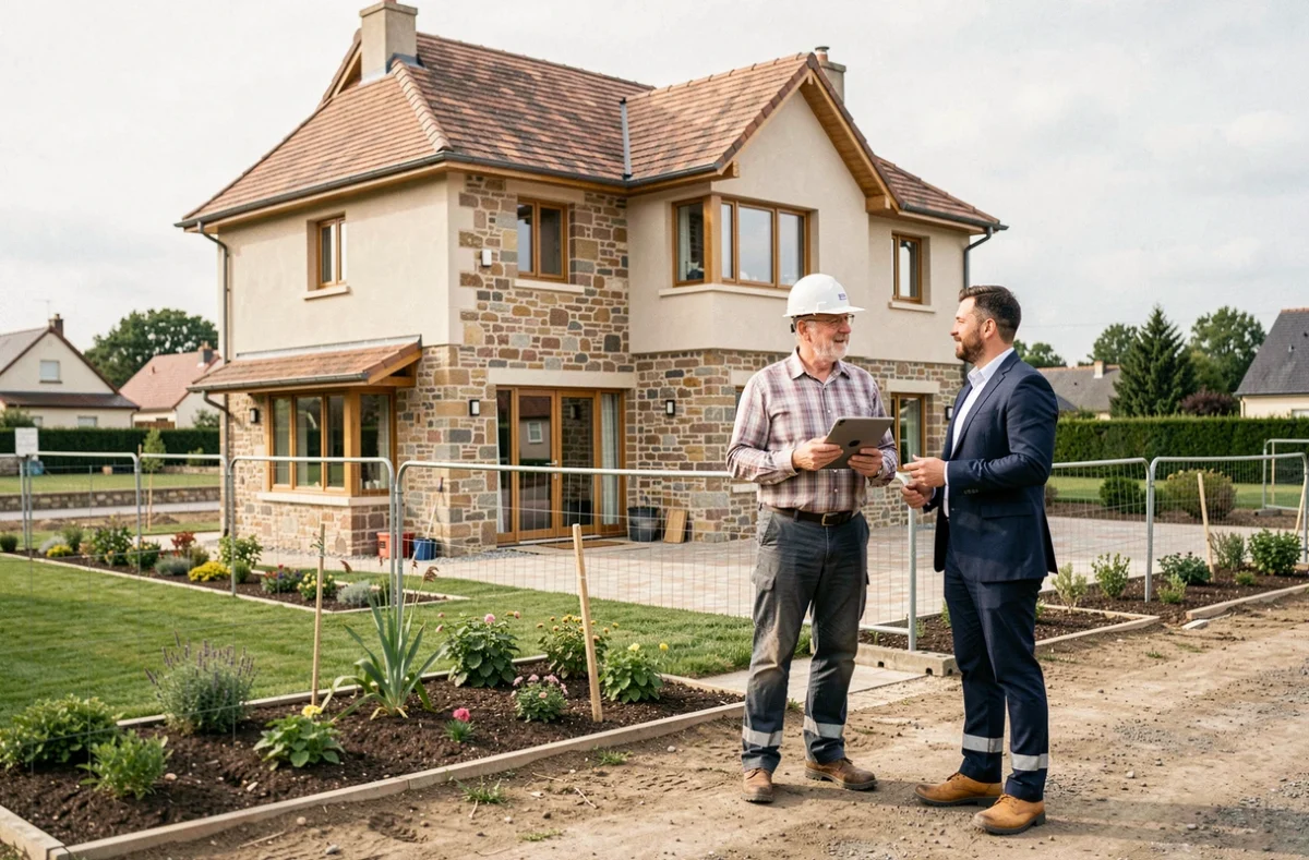 Chef de projet et architecte du Groupe BCMI supervisant la construction d'une maison individuelle en Charente