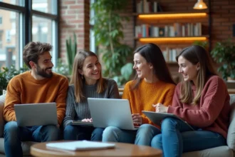 Groupe d'étudiants en lounge universitaire souriants