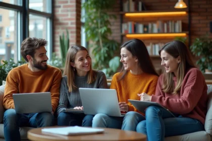 Groupe d'étudiants en lounge universitaire souriants