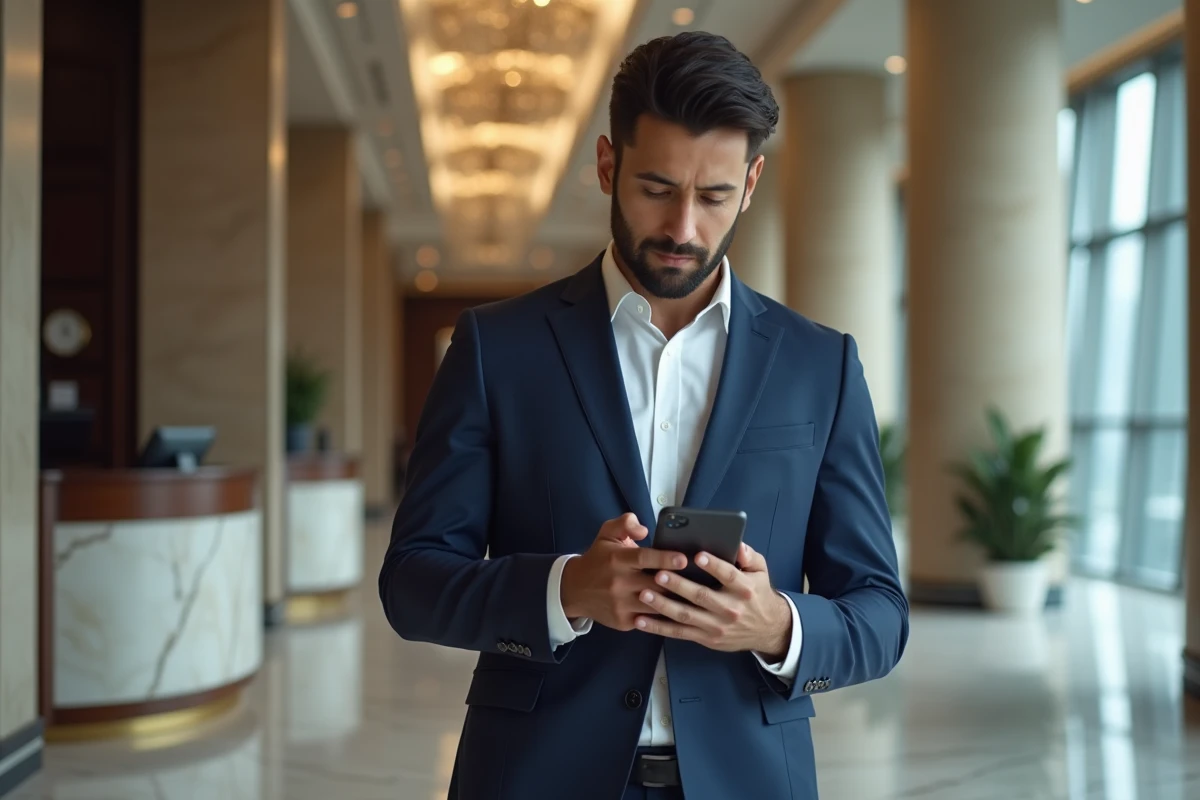 Homme d'affaires consultant son smartphone dans le hall d'entrée de l'Almas Tower à Dubaï
