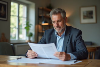 Homme d'affaires examinant des documents immobiliers dans un appartement lumineux