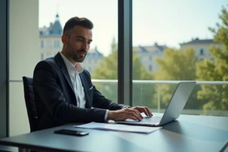 Homme d'affaires confiant dans un studio immobilier moderne