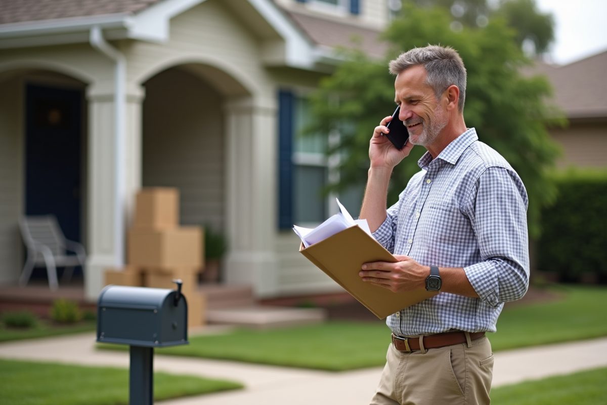 Homme parlant au téléphone devant une maison en déménagement