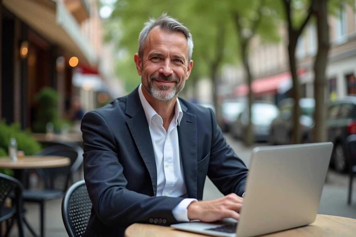 Homme confiant assis dans un cafe en ville avec ordinateur