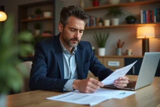 Homme confiant examinant documents immobiliers dans son appartement