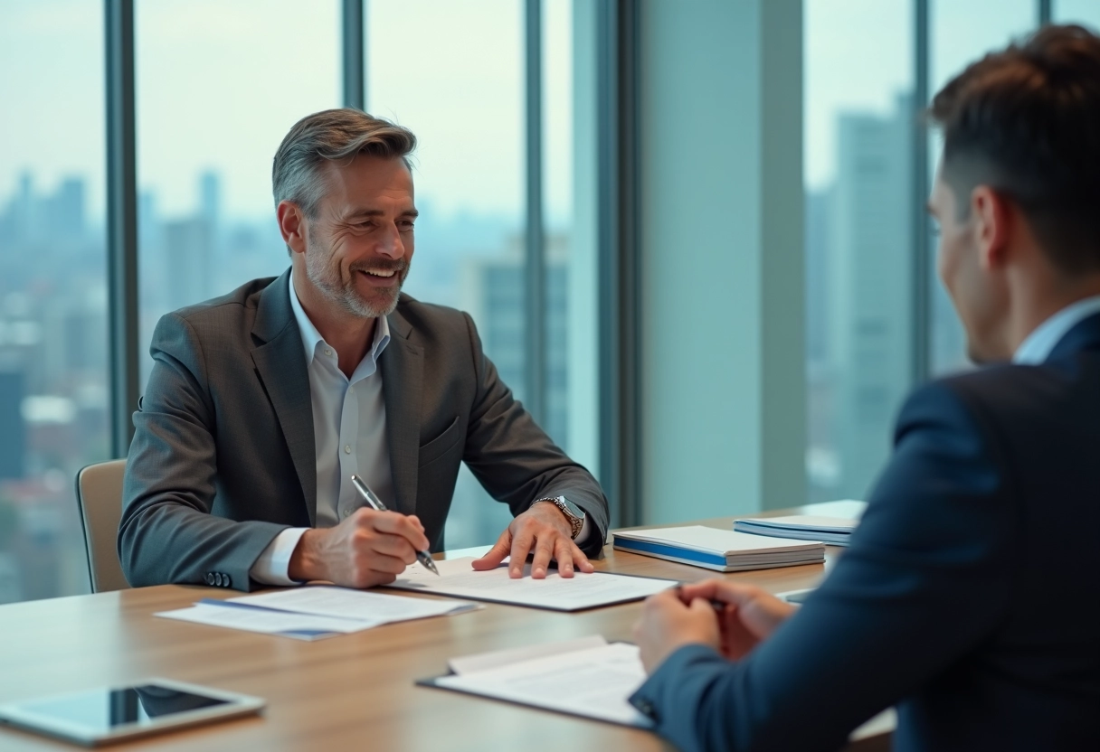 Homme d age moyen discute avec conseiller financier en réunion