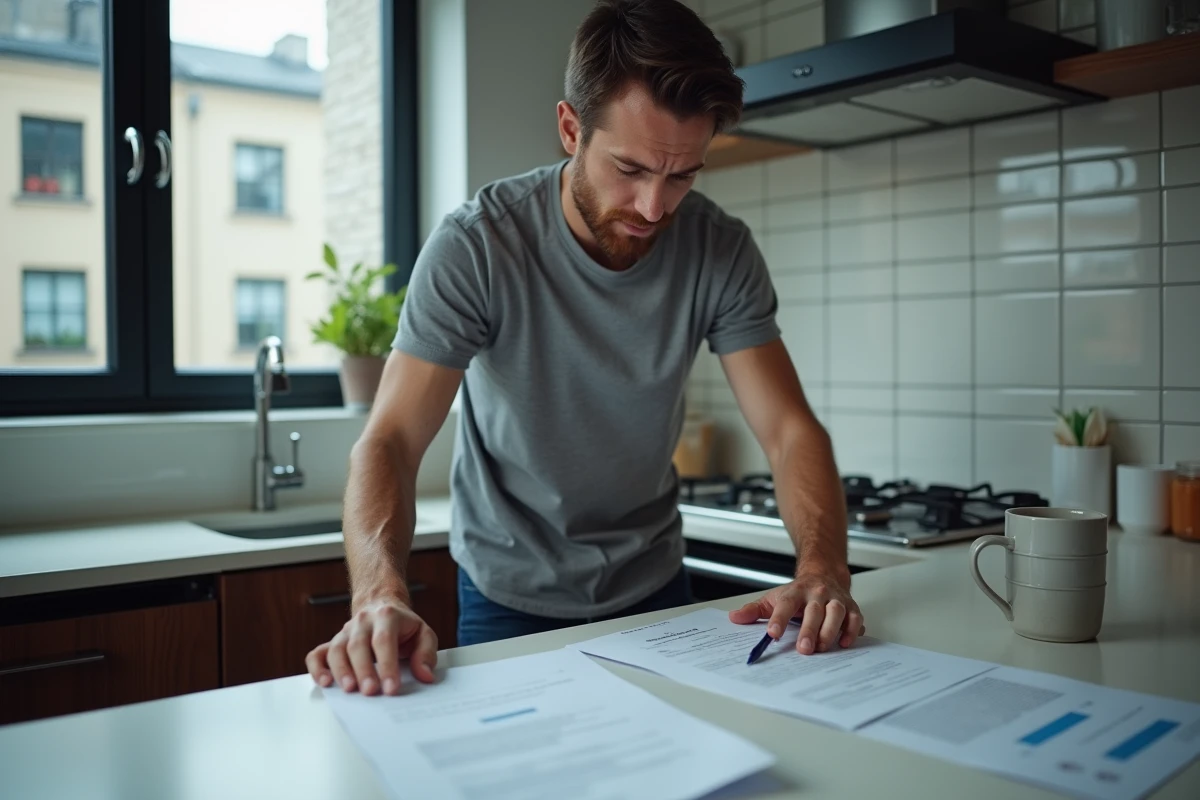 Homme consultant des documents pour une demande de location d'appartement dans une cuisine urbaine