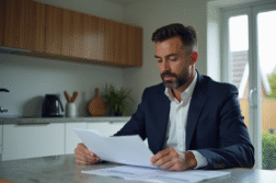 Homme en costume bleu examinant des documents financiers