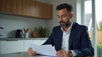 Homme en costume bleu examinant des documents financiers