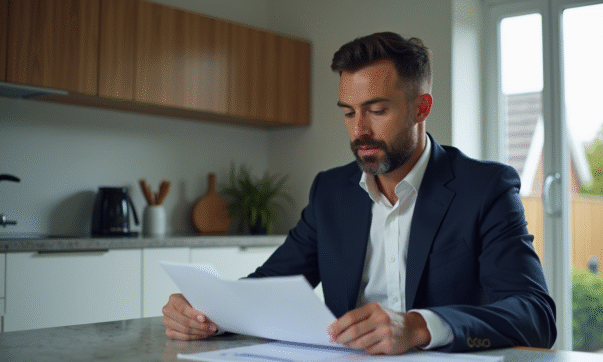 Homme en costume bleu examinant des documents financiers