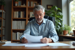 Homme d'âge moyen examinant des documents d'impôts dans un bureau à domicile