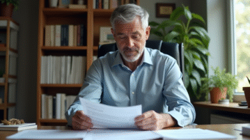 Homme d'âge moyen examinant des documents d'impôts dans un bureau à domicile