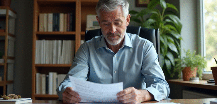 Homme d'âge moyen examinant des documents d'impôts dans un bureau à domicile