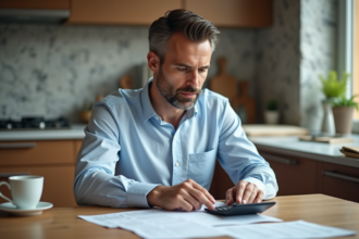 Homme d'âge moyen lisant des documents de prêt immobilier