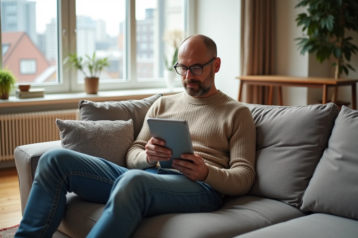 Homme relaxant avec tablette dans un salon moderne