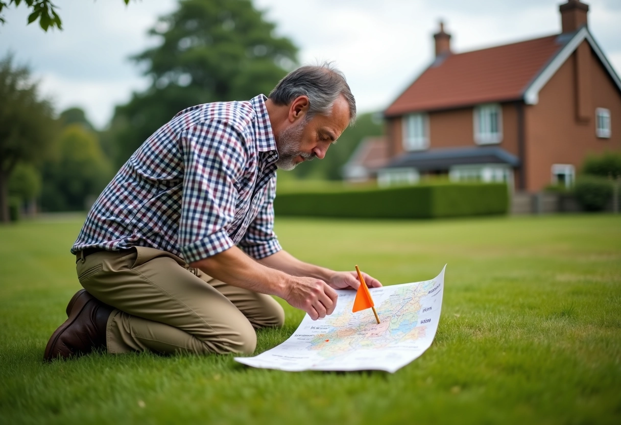 Homme marquant un terrain avec un drapeau orange