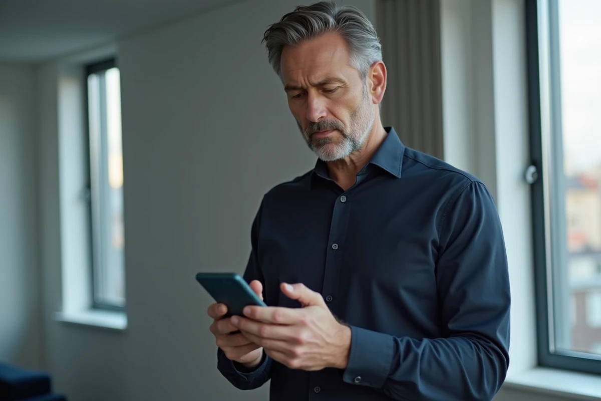 Homme recevant une notification de l'application Foncia sur son smartphone dans un appartement moderne