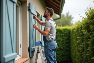 Homme d'âge moyen peignant des volets en bois à l'extérieur