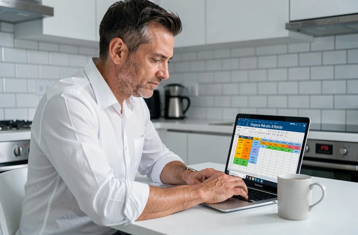 Homme planifiant un investissement viager avec un simulateur Excel sur ordinateur portable dans une cuisine moderne