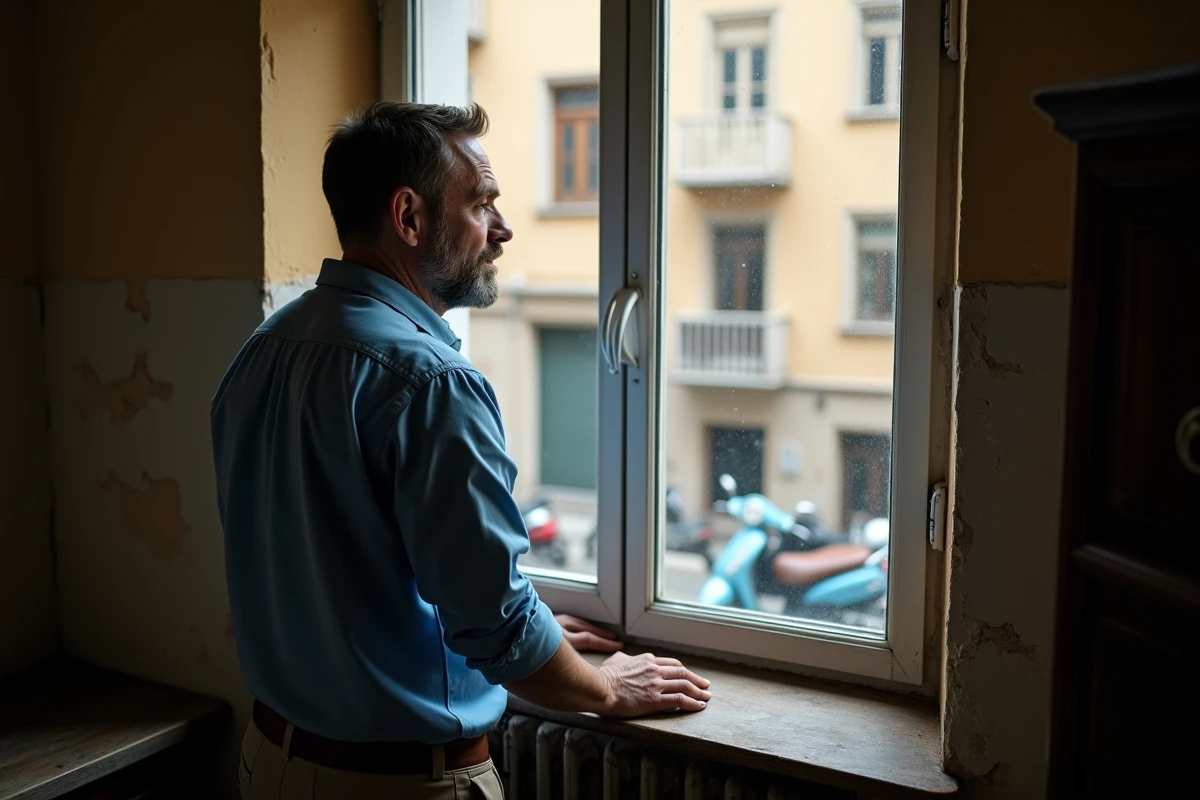 Homme regardant par la fenêtre dans un appartement de Mille