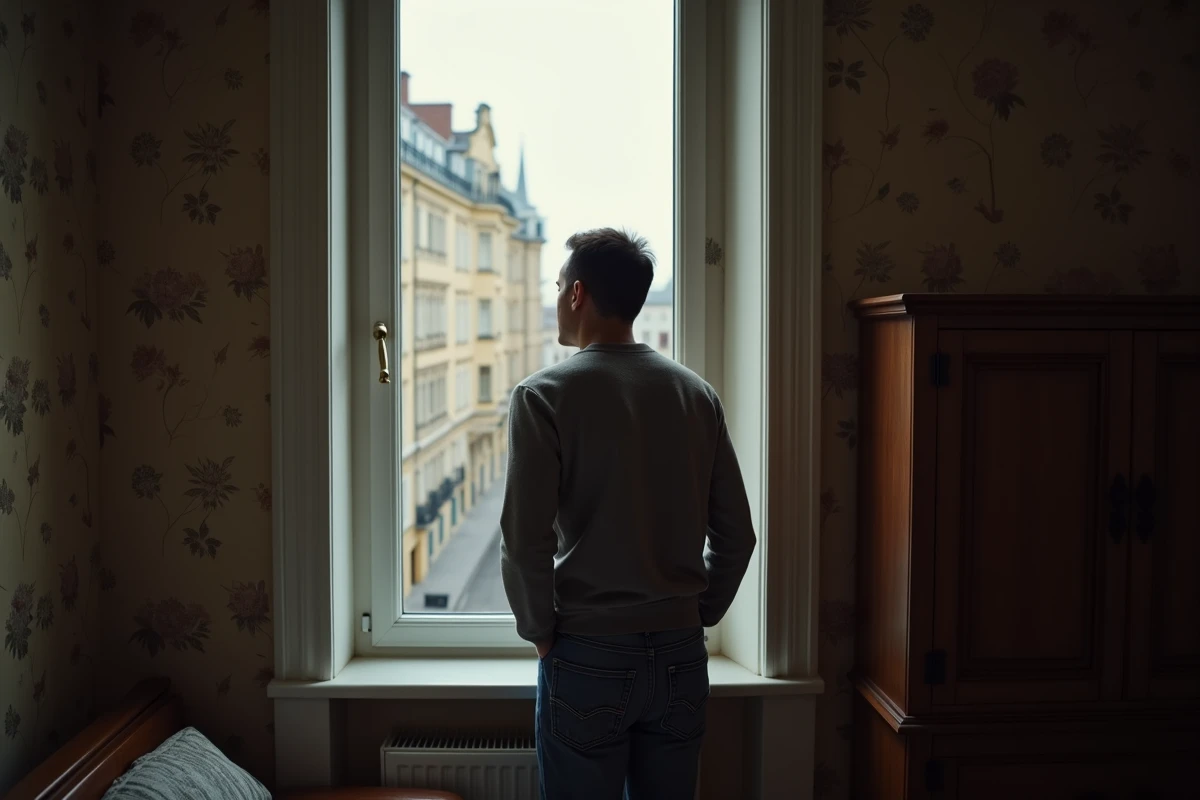 Homme regardant par la fenêtre dans son appartement